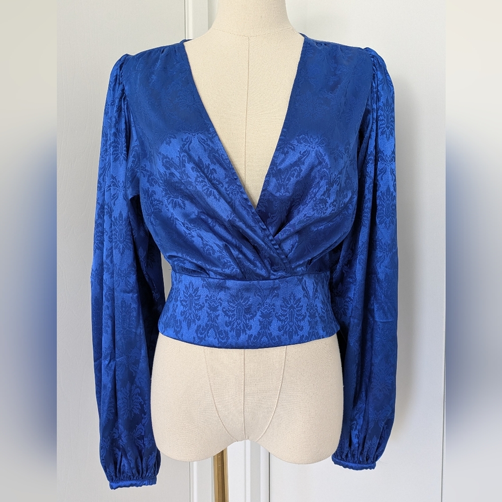 Ronny Kobo Royal Blue Damask Pattern Satin Eugenia Blouse